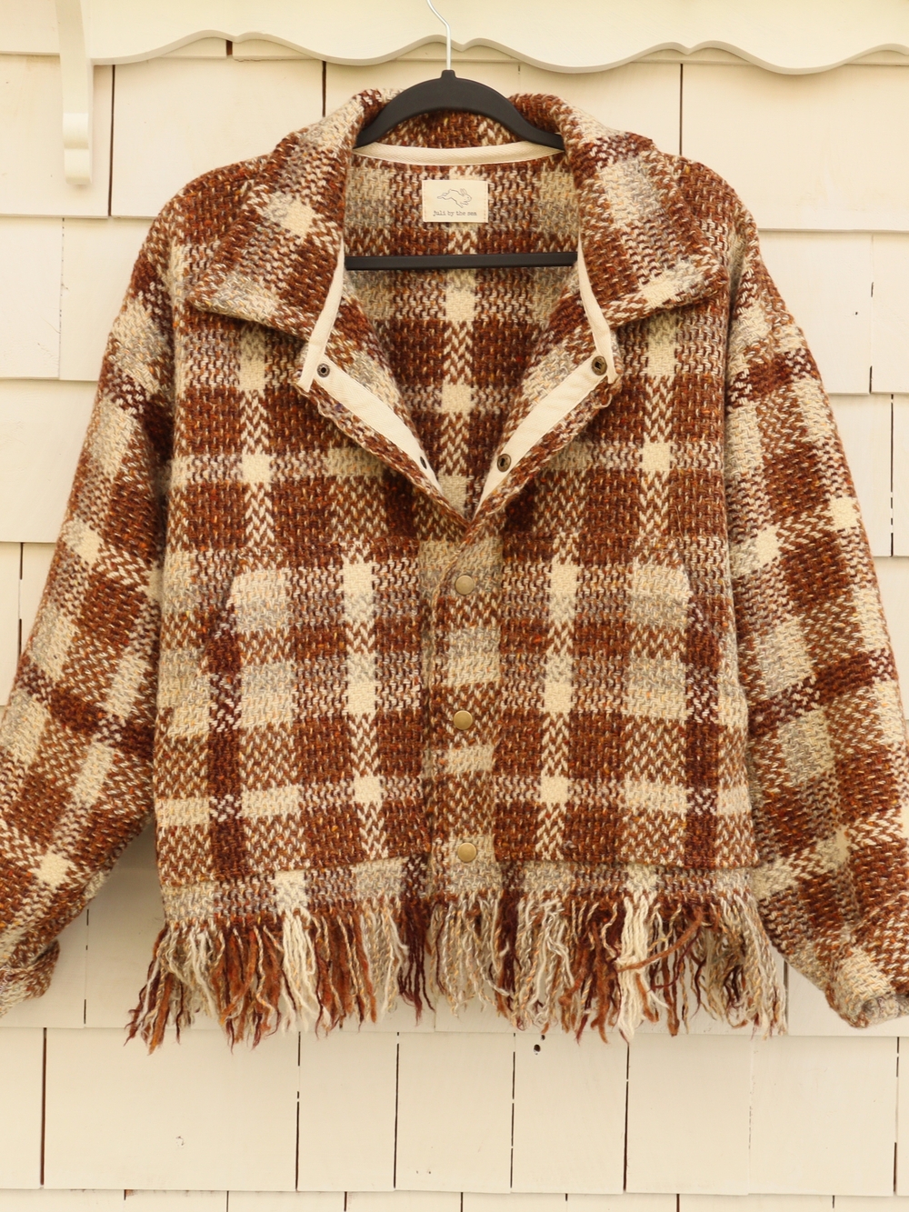 Upcycled Wool Blanket Jacket Brown & Cream Plaid Fringe L • XL